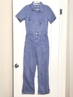 Zara Denim Jumpsuit One Piece Full Length Size M Snap & Zip Utility Zip Pockets